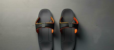 Photo of black and orange shoes on a gray surface with ample copy space with copy space