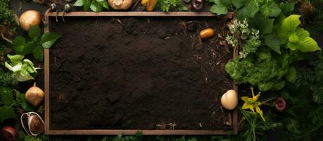 Photo of a rustic vegetable garden with a picture frame for creative compositions with copy space