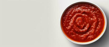 Photo of a bowl of tomato sauce on a white surface with plenty of copy space with copy space