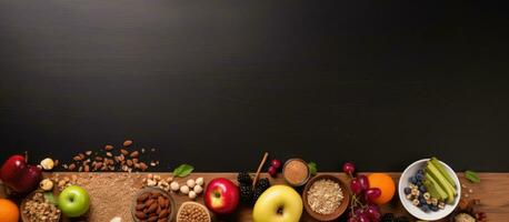 foto de un vistoso surtido de frutas y vegetales en un de madera corte tablero con Copiar espacio
