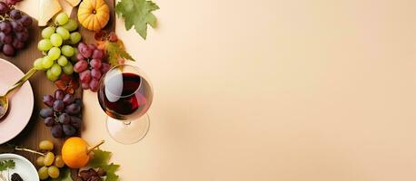 Photo of a delicious spread of food and wine on a beautifully set table with copy space