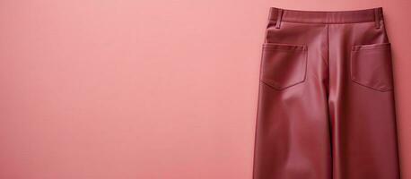 Photo of pink pants hanging on a pink wall with ample copy space with copy space