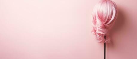 Photo of a pink wig on a stick against a pink wall with ample copy space with copy space