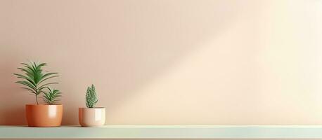 Photo of three potted plants on a shelf with empty space for text or design with copy space