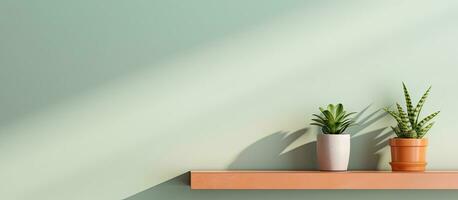 Photo of two potted plants on a shelf with empty space for text or graphics with copy space