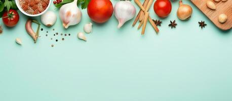 Photo of a colorful and abundant feast displayed on a table with copy space