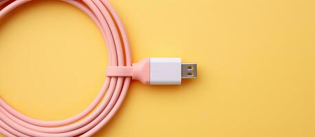 Photo of a pink cable on a vibrant yellow background with plenty of copy space with copy space