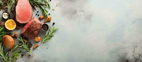 Photo of a delicious meal of meat and vegetables on a table with plenty of room for your own creative touch with copy space