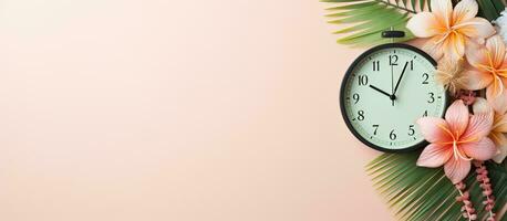 Photo of a colorful clock with vibrant flowers and tropical palm leaves on a bright pink background with copy space