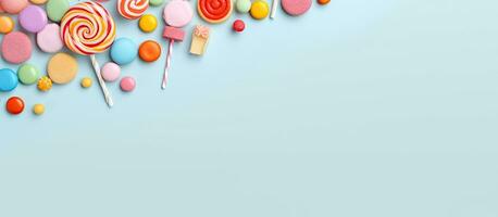Photo of colorful candy lollipops on a vibrant blue background with plenty of empty space for text or graphics with copy space