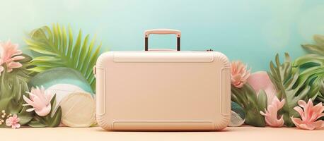 Photo of a white suitcase on a table with plenty of space for your personal belongings with copy space