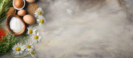 Photo of a beautifully arranged table with eggs and flowers as the centerpiece with copy space