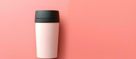 Photo of a stylish black and white coffee cup against a vibrant pink backdrop with copy space