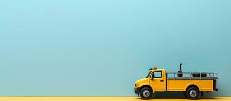 Photo of a yellow truck parked in front of a blue wall with plenty of copy space with copy space
