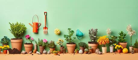 Photo of a group of potted plants arranged neatly in a row with copy space