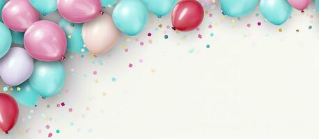 Photo of a colorful bunch of balloons with confetti decoration with copy space