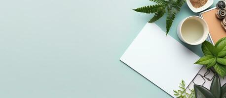 Photo of a diverse collection of plants displayed on a table with copy space