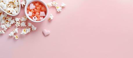 Photo of popcorn and hearts on a pink background with copy space