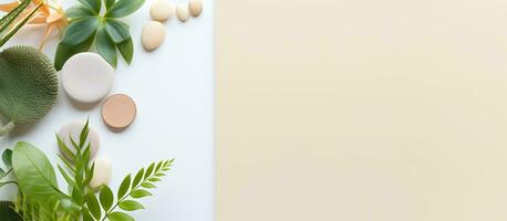 Photo of a white table covered with lush green plants, creating a vibrant and natural atmosphere with copy space