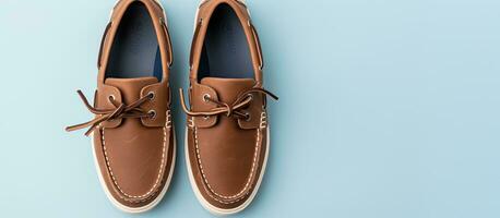 foto de un par de elegante marrón Zapatos en un vibrante azul antecedentes con Copiar espacio
