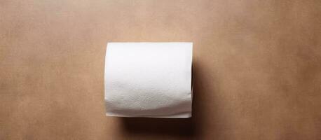 Photo of a roll of toilet paper on a brown surface with blank space for text or design with copy space