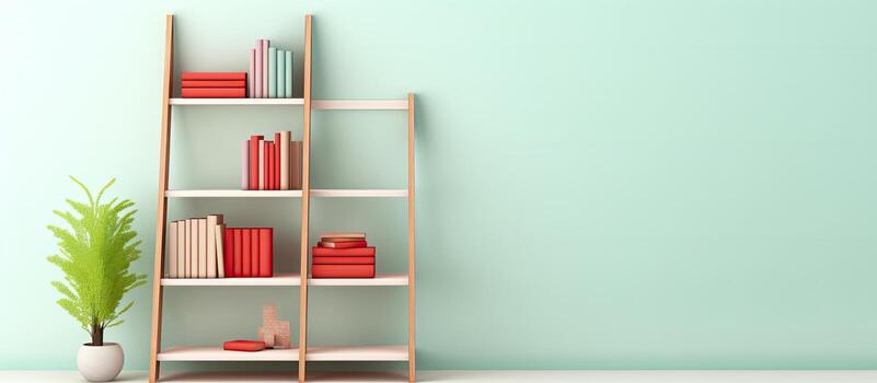 foto de un bien organizado estante para libros con un en conserva planta agregando un toque de naturaleza con Copiar espacio