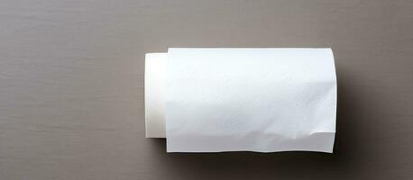 Photo of a roll of toilet paper on a table with empty space for text or design with copy space