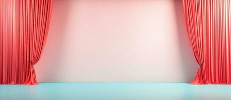 Photo of a vibrant room with red curtains and a striking blue floor with copy space