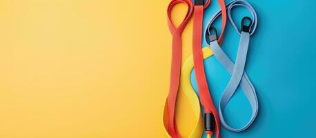 Photo of a pair of stylish headphones on a vibrant blue and yellow background with copy space