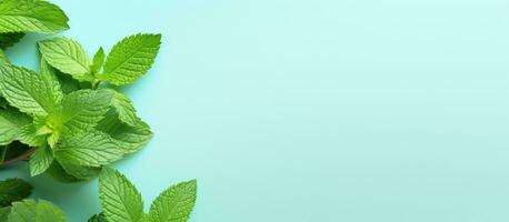 Photo of fresh mint leaves on a vibrant blue background with plenty of space for text or design elements with copy space