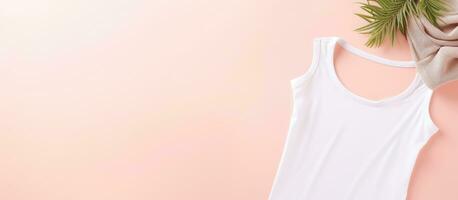 Photo of a white tank top hanging on a pink wall with blank space for text or design with copy space