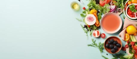 Photo of a colorful table filled with fresh fruits and vegetables with copy space