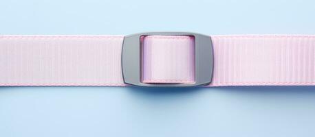 Photo of a pink belt with a stylish metal buckle on a vibrant blue background with copy space