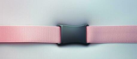 Photo of a stylish pink belt with a sleek black buckle up close with copy space