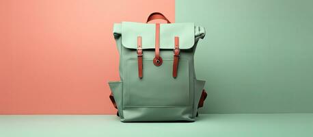 Photo of a white and red backpack on a table with plenty of space for your personal belongings with copy space