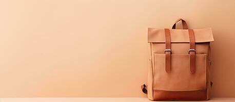 Photo of a tan backpack resting against a blank wall, providing ample copy space with copy space