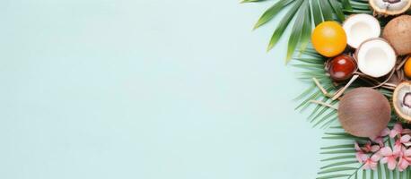 Photo of tropical fruits and coconuts on a vibrant blue background with ample copy space with copy space