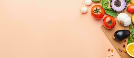 Photo of a colorful assortment of fresh fruits and vegetables on a table with copy space