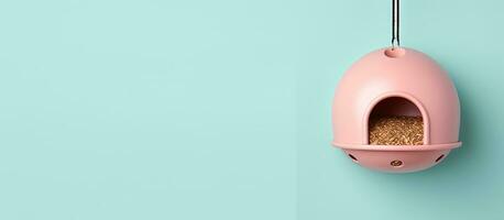 Photo of a pink bird feeder hanging from a blue wall with ample copy space with copy space