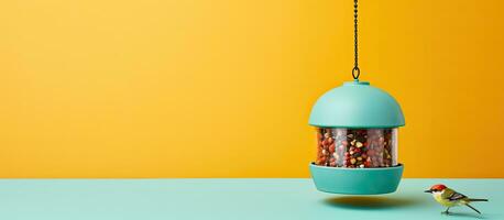 Photo of a bird feeder hanging from a vibrant yellow wall with ample copy space with copy space