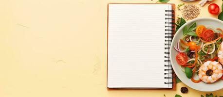 Photo of a delicious plate of shrimp and tomatoes with a notebook beside it with copy space