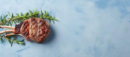 Photo of a delicious steak with rosemary garnish on a vibrant blue background with copy space