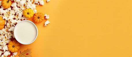 Photo of a bowl of popcorn and a cup of milk on a yellow background with copy space