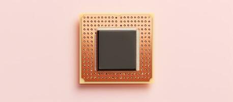 Photo of a pink micro processor chip on a blank background with copy space