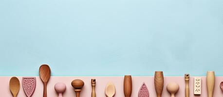 Photo of a colorful display of wooden spoons on a vibrant pink shelf with copy space