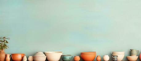 Photo of a colorful display of ceramic bowls on a rustic wooden table with copy space