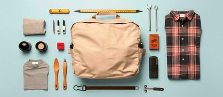 Photo of a neatly organized backpack with various items laid out on a vibrant blue background with copy space