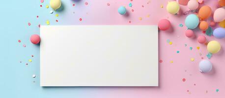 Photo of a blank white sheet of paper adorned with vibrant confetti with copy space