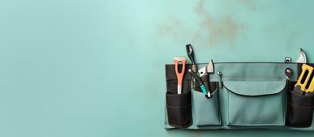 Photo of a tool holder with a variety of tools neatly arranged on a table with copy space