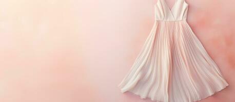 Photo of a white dress hanging on a pink wall with copy space with copy space